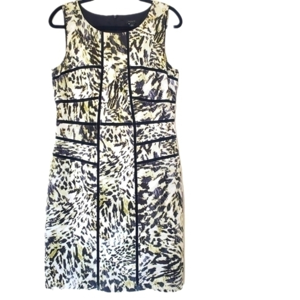 Ann Taylor Womens Animal Print Sleeveless Sheath Dress Yellow Black‎ Size 8